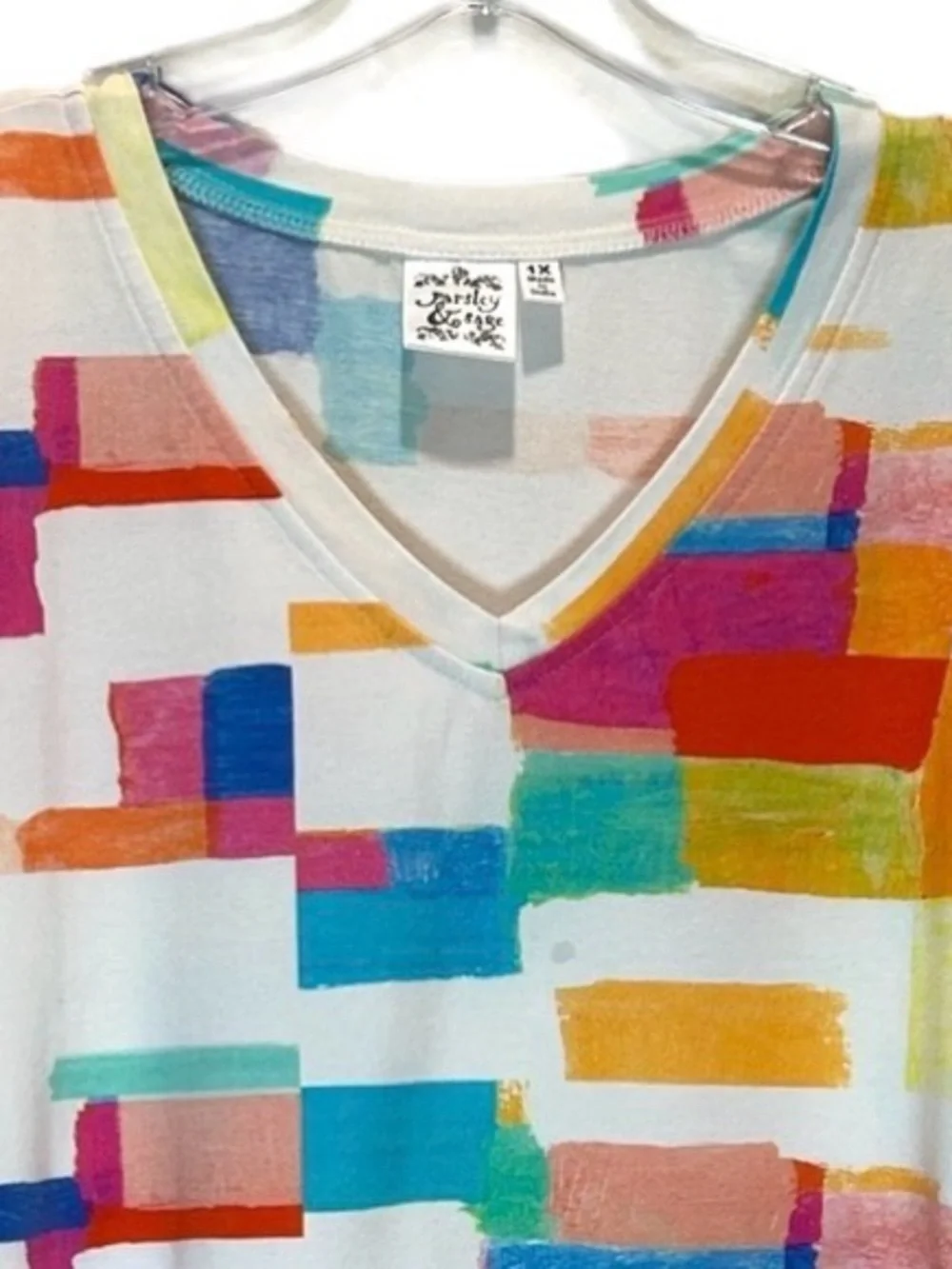 Parsley & Sage White Cotton Knit Tunic, Multicolored Geometric Design - Size 1X